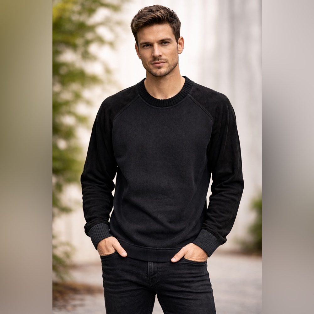 Quinn Men’s Mixed Media Archer Lambskin Cashmere Wool Blend Ribbed Sweater.